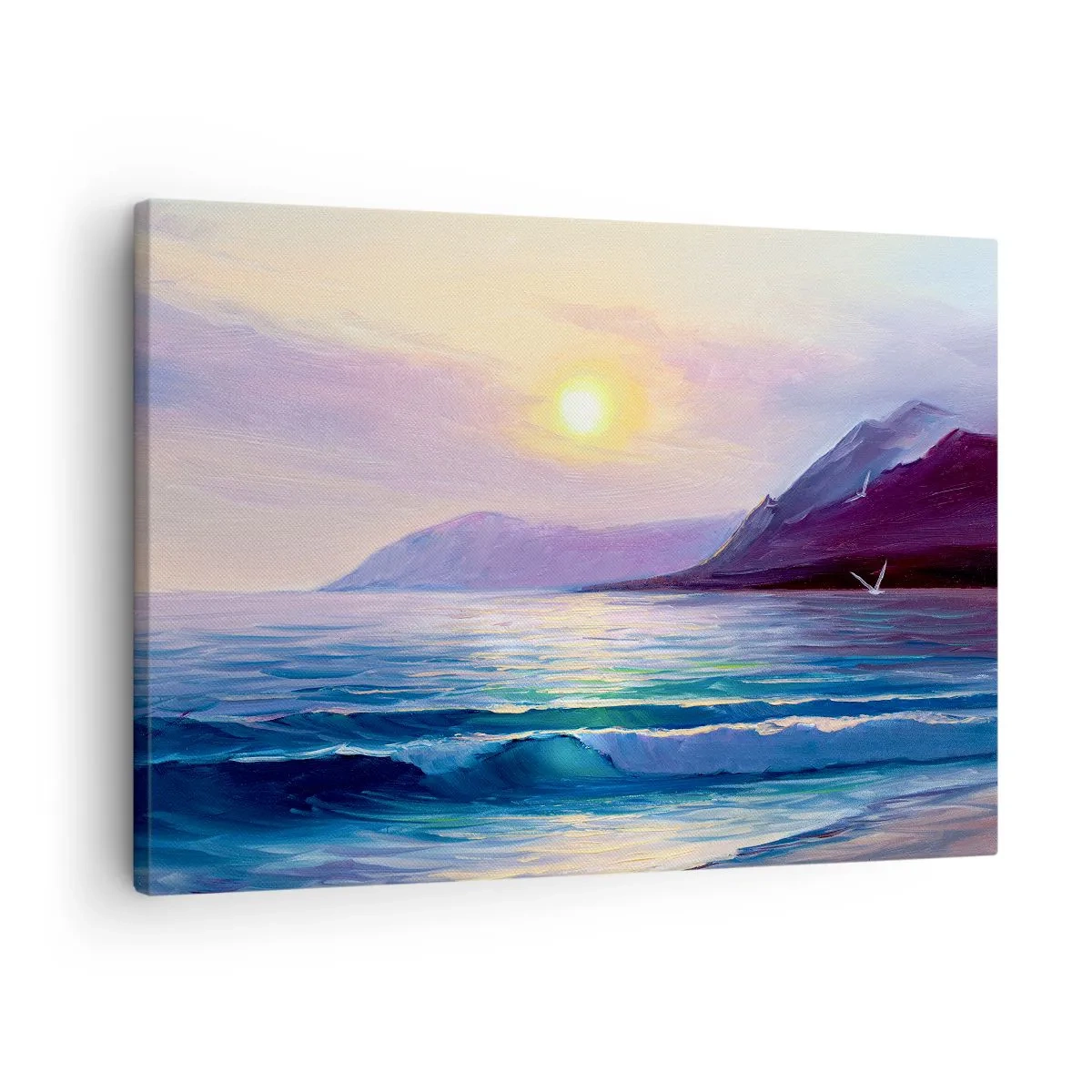 Lærredstryk - Billede på lærred - Et malerisk havlandskab ved solnedgang med bølger og bjerge - 70x50cm - Vand- og luftkrystal - Moderne vægdekoration til stue og soveværelse ARTTOR