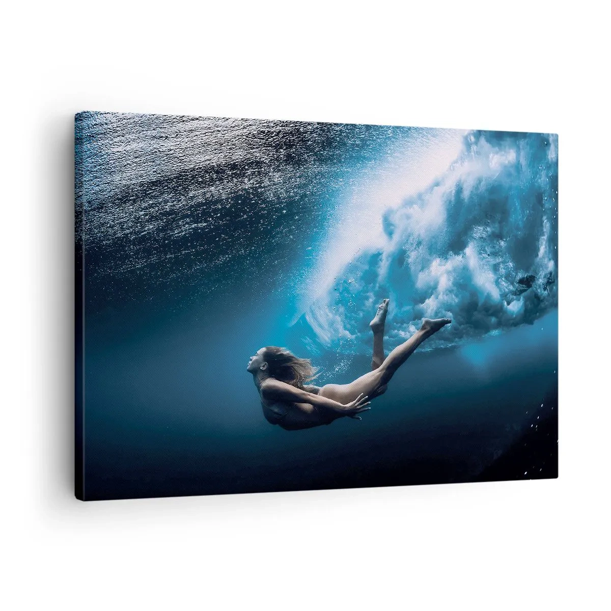 Lærredstryk - Billede på lærred - Undervandsbillede med en kvinde og luftbobler - 70x50cm - Den moderne havfrue - Moderne vægdekoration til stue og soveværelse ARTTOR