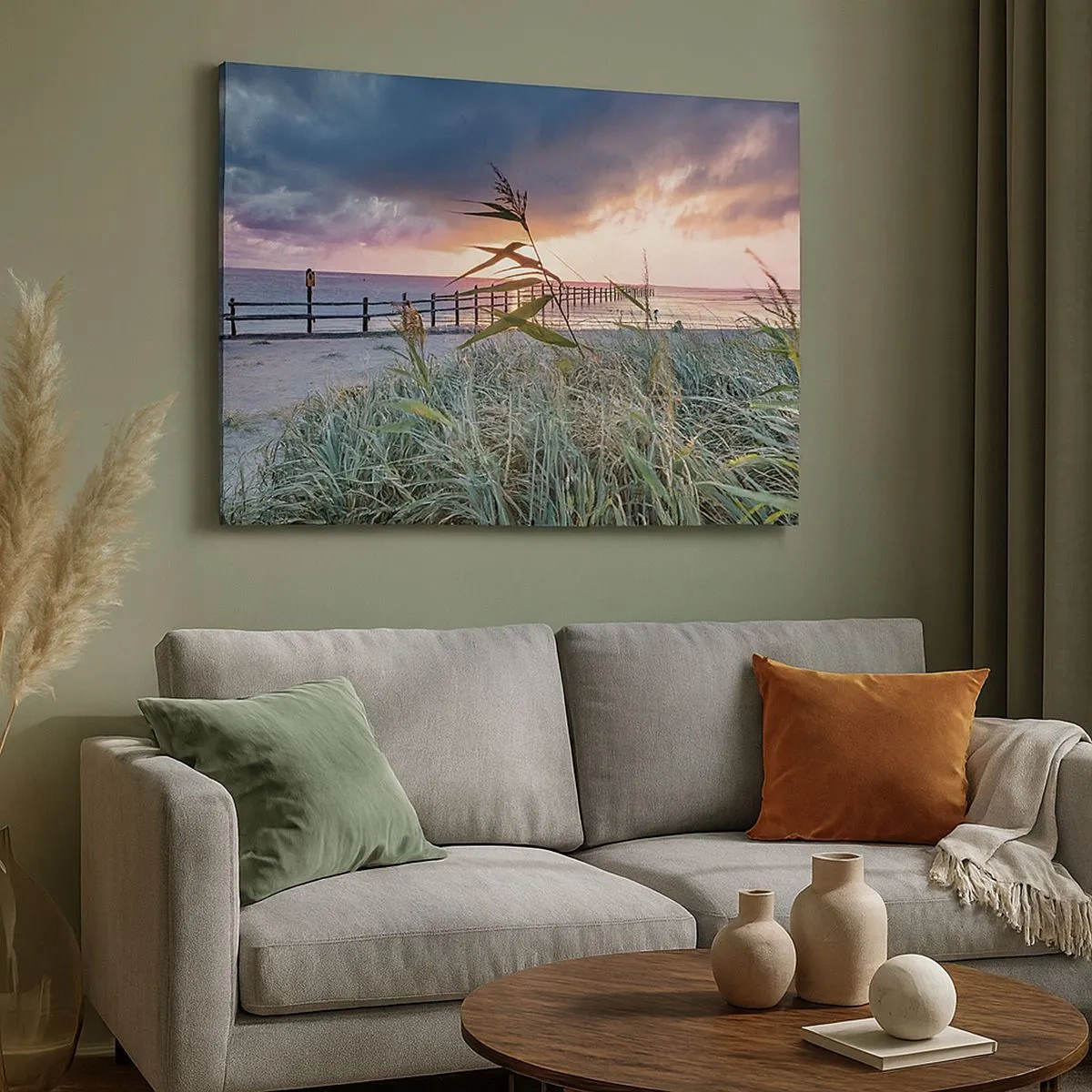 Lærredstryk - Billede på lærred - Strand ved solnedgang med græs i forgrunden - 70x50cm - Ikke passerer med vinden - Moderne vægdekoration til stue og soveværelse ARTTOR