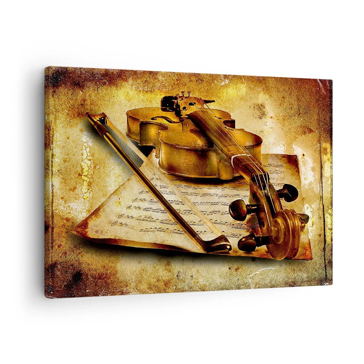 Lærredstryk - Billede på lærred - En violin med noder mod en vintage baggrund i varme toner - 70x50cm - Virtuos søges omgående - Moderne vægdekoration til stue og soveværelse ARTTOR