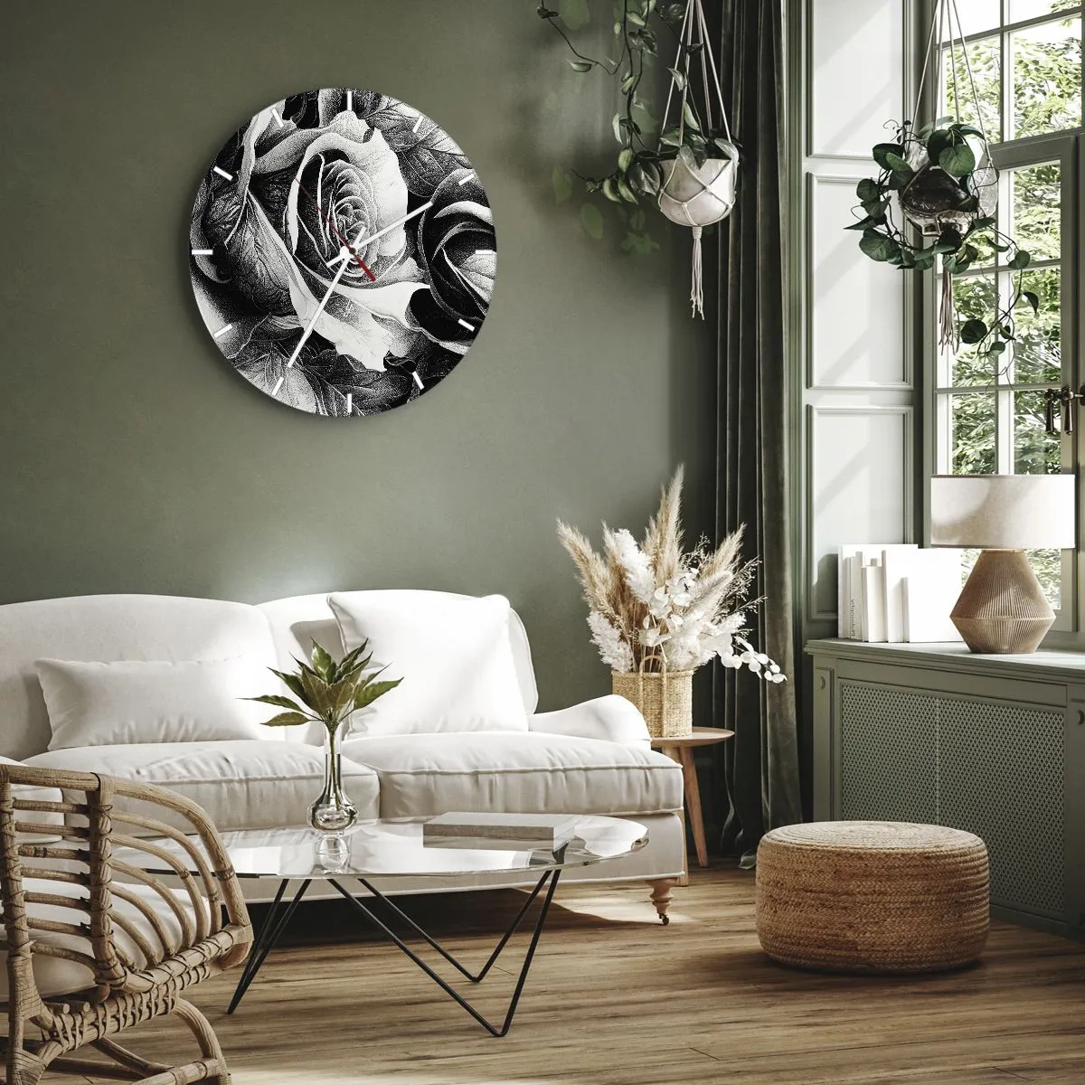 Vægur, Uret - Sort-hvid rosekunst i klassisk tegnestil - 30x30cm - Altid dronning - Moderne vægdekoration til stue, køkken og soveværelse ARTTOR
