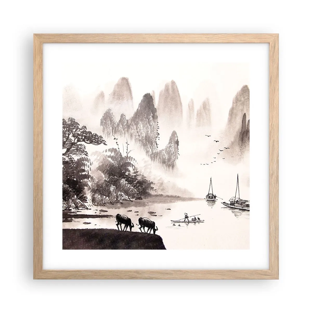 Plakat i ramme af lyst egetræ - Østens eksotiske hverdag - 40x40 cm