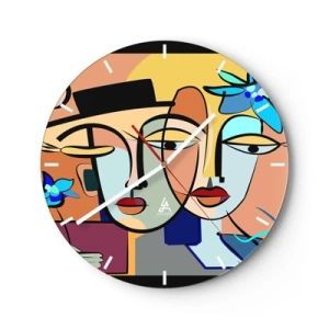 Vægur, Uret - Farverige ansigter i kubistisk stil med blomsterelementer - 30x30cm - Picassos randez vous - Moderne vægdekoration til stue, køkken og soveværelse ARTTOR