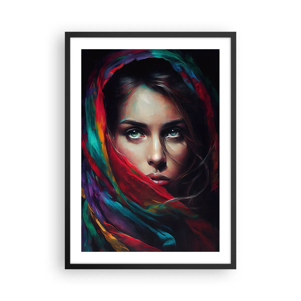 Plakat i sort ramme - Portræt af en kvinde i et farverigt tørklæde - 50x70cm - Mysterium med grønne øjne - Moderne vægdekoration til stue og soveværelse ARTTOR