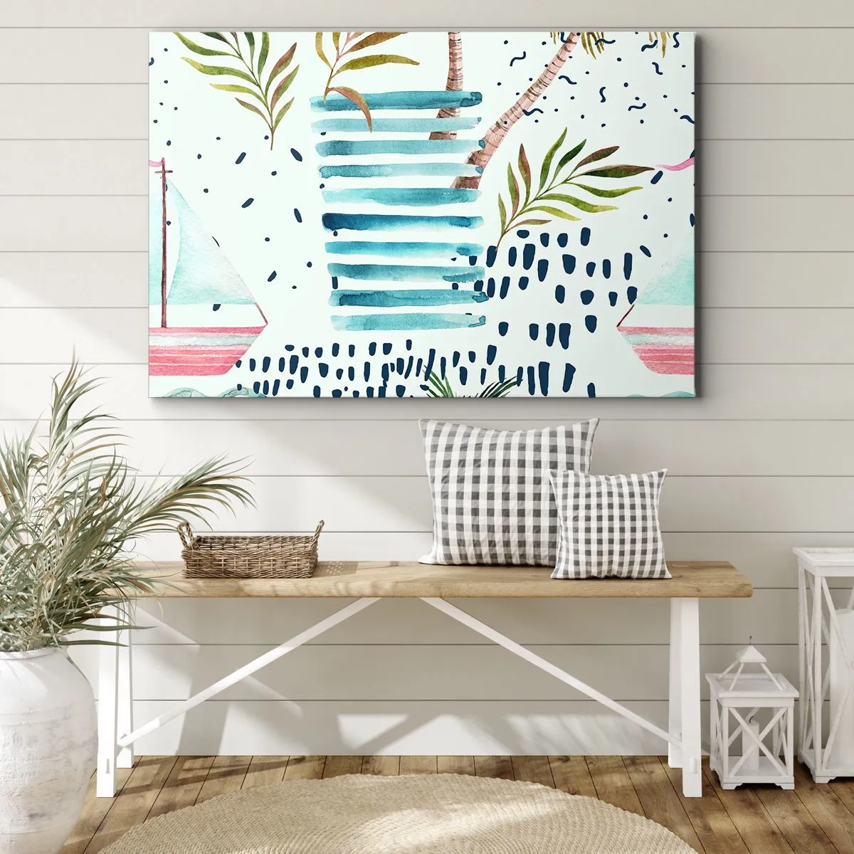 Lærredstryk - Billede på lærred - Abstrakt mønster med palmer og nautiske accenter - 70x50cm - Ferie under palmerne - Moderne vægdekoration til stue og soveværelse ARTTOR