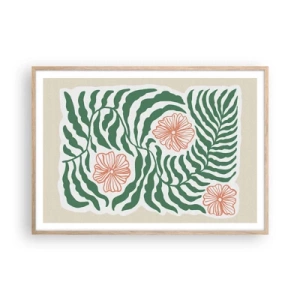 Plakat i ramme af lyst egetræ - Blomstrede i grønt - 100x70 cm