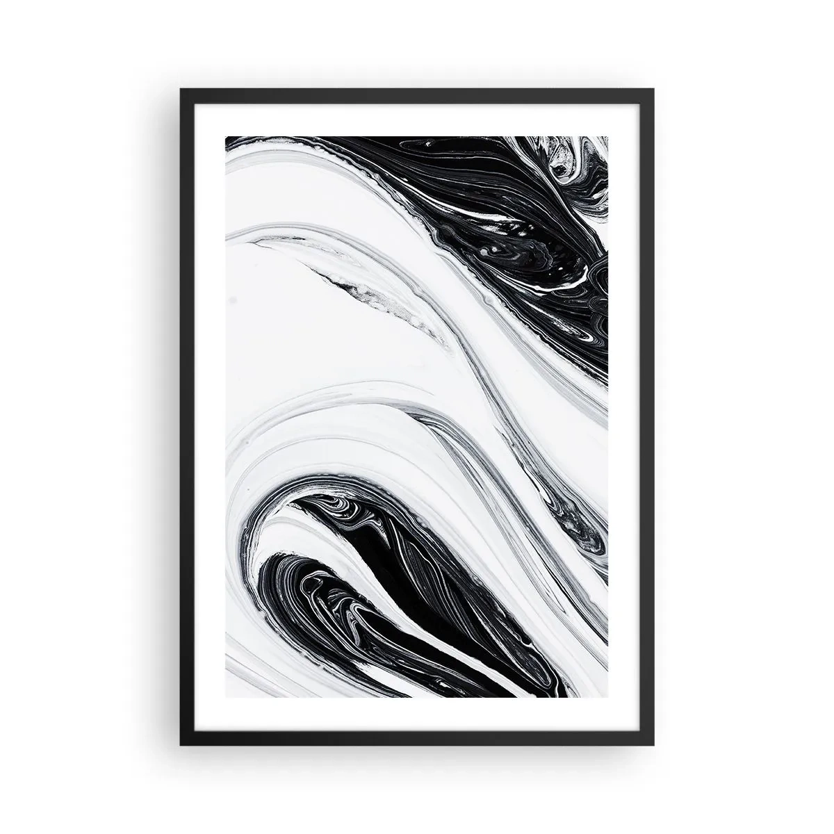 Plakat i sort ramme - Abstrakt mønster i sort og hvid med flydende linjer - 50x70cm - Kombination af modsætninger - Moderne vægdekoration til stue og soveværelse ARTTOR