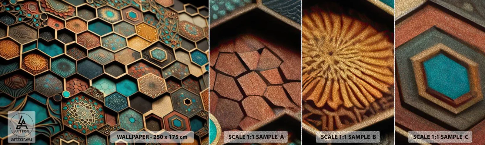 Prøve Fototapet Premium Sand - Arabiske ornamenter - en variation - terning, Mosaik, Mønster - 100x30 cm