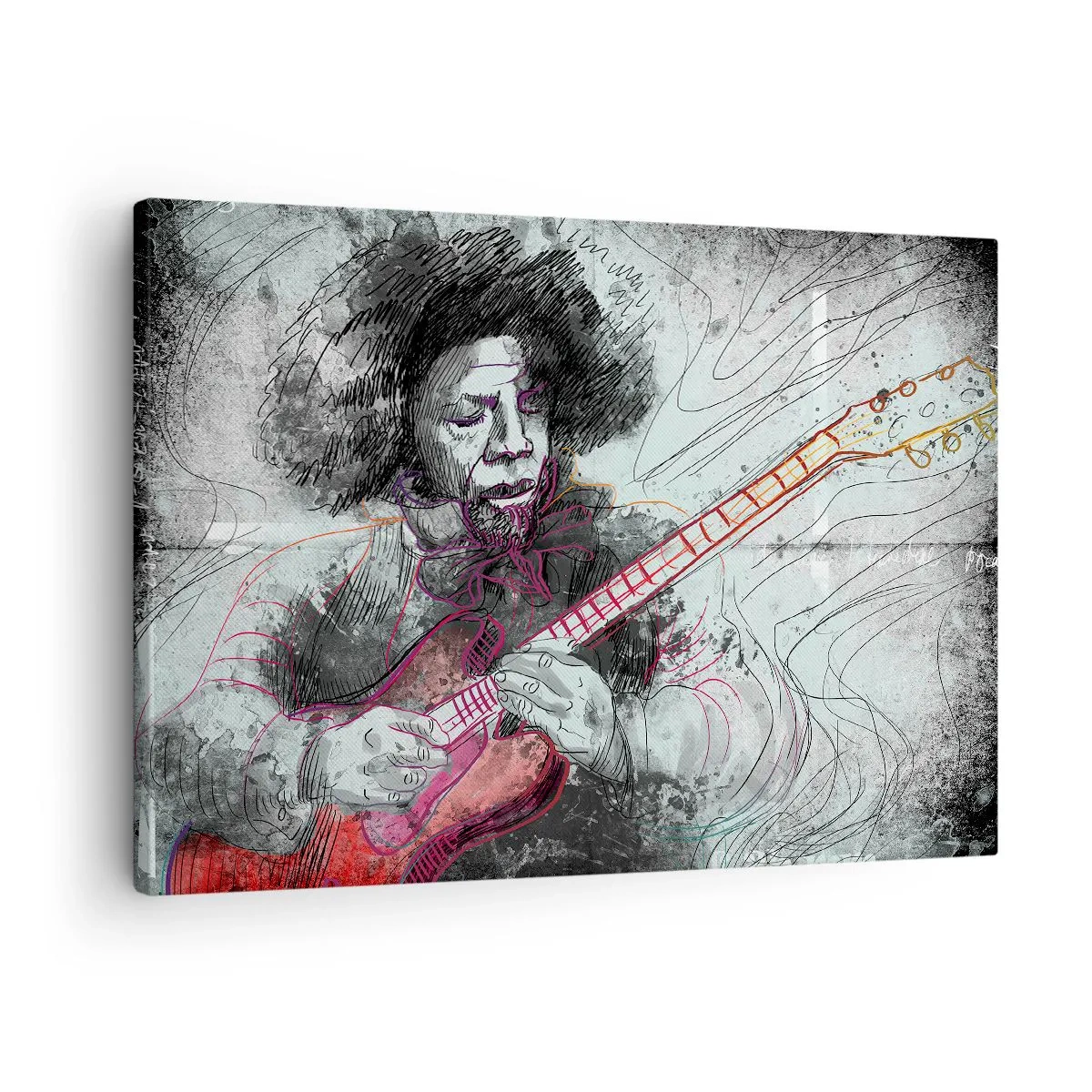 Lærredstryk - Billede på lærred - Kunstnerisk portræt af en guitarist i skitseteknik - 70x50cm - På musikkens bølger - Moderne vægdekoration til stue og soveværelse ARTTOR