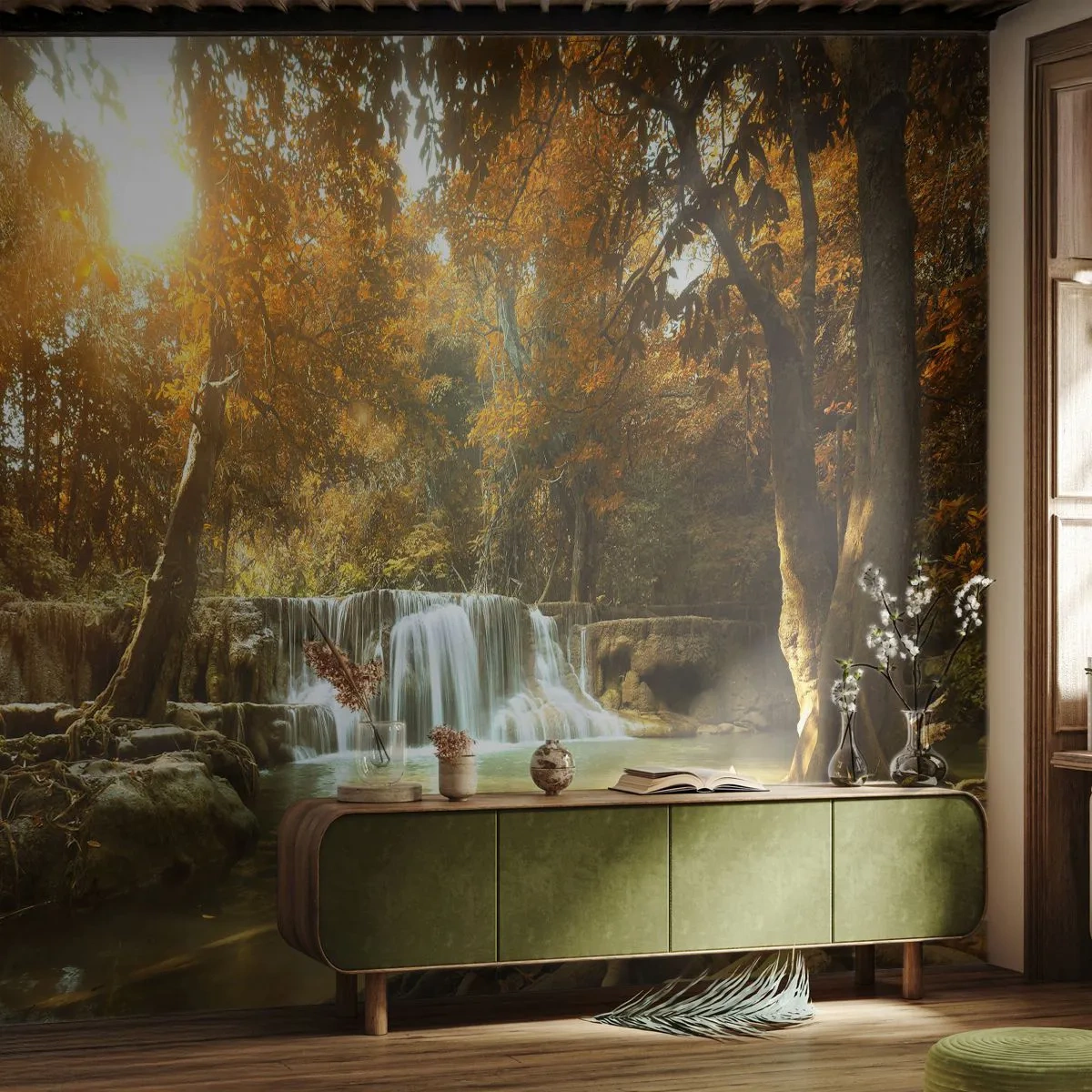 Fototapet Standard Eco - Kaskade i parken - Landskab, Vandfald, Skov - 350x256 cm