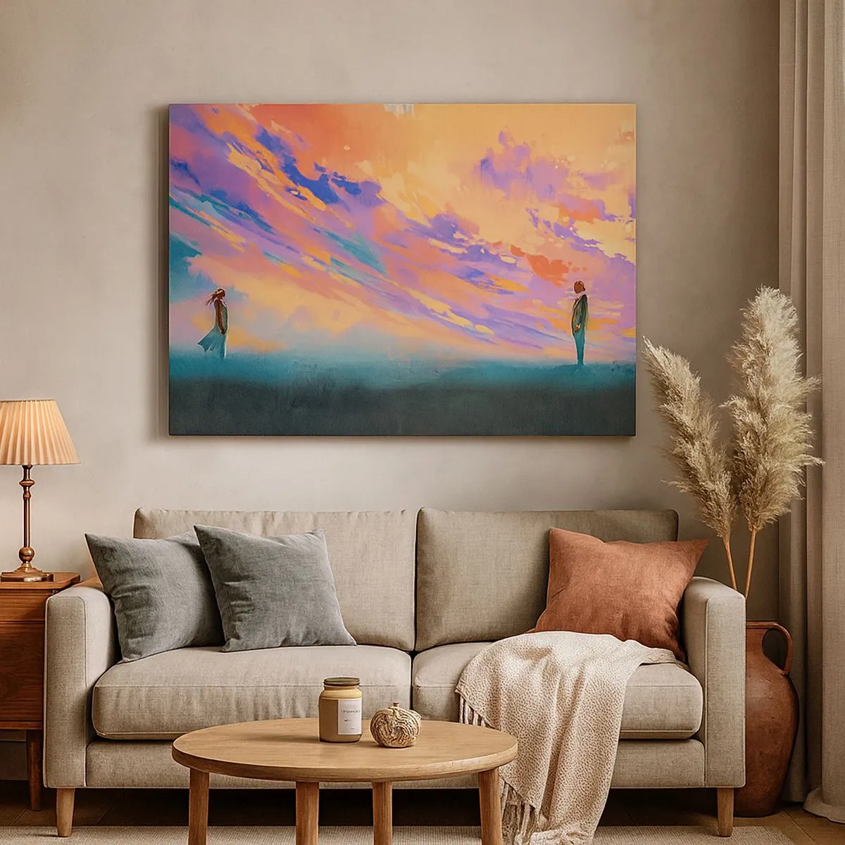 Lærredstryk - Billede på lærred - En dynamisk scene med figurer mod en farverig solnedgangshimmel - 70x50cm - Tiltrækningskraft - Moderne vægdekoration til stue og soveværelse ARTTOR