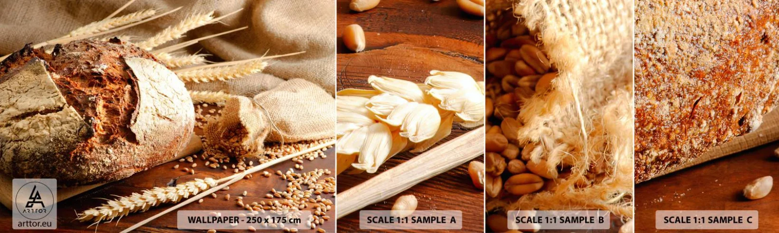 Fototapet Prøve Standard Eco - Appetitlig, velduftende, sprød - Brød, Korn af Hvede, Gastronomi - 100x30 cm