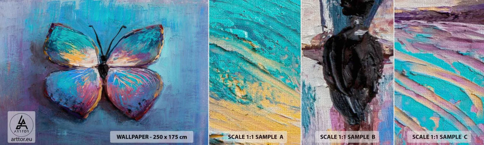 Prøve Fototapet Premium Canvas - I sin fulde pragt - Sommerfugl, Stykke, Maleri - 100x30 cm