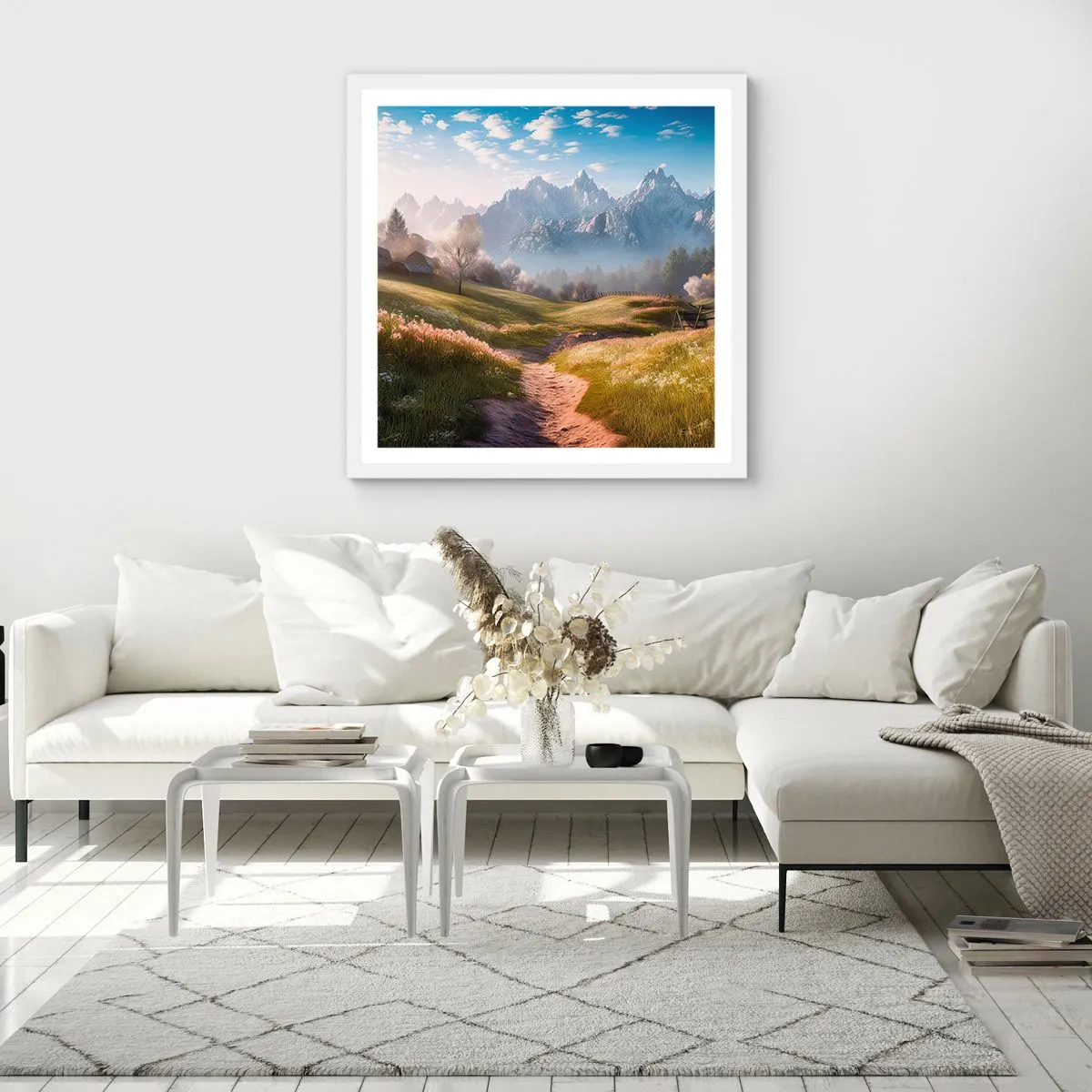 Plakat i hvid ramme - Idyllisk dal - 50x50 cm