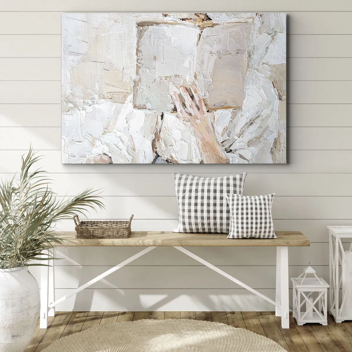 Lærredstryk - Billede på lærred - Et impressionistisk maleri af en hånd, der holder en åben bog. - 70x50cm - I en anden verden - Moderne vægdekoration til stue og soveværelse ARTTOR