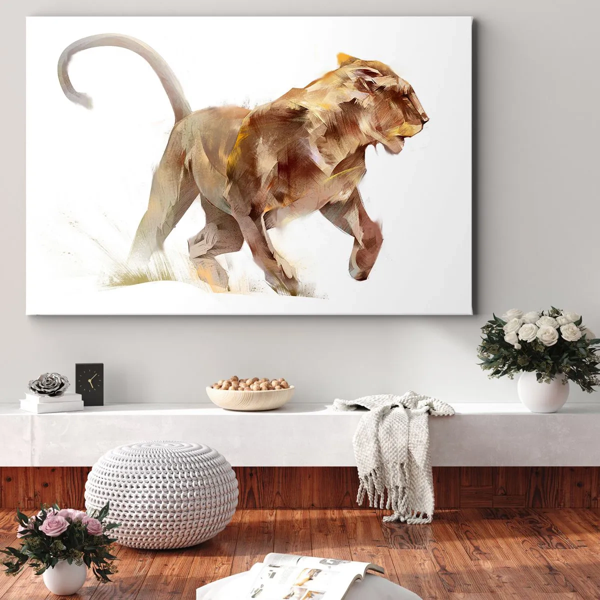 Lærredstryk - Billede på lærred - En løbende løvinde i en kunstnerisk fortolkning - 70x50cm - Vild ynde - Moderne vægdekoration til stue og soveværelse ARTTOR