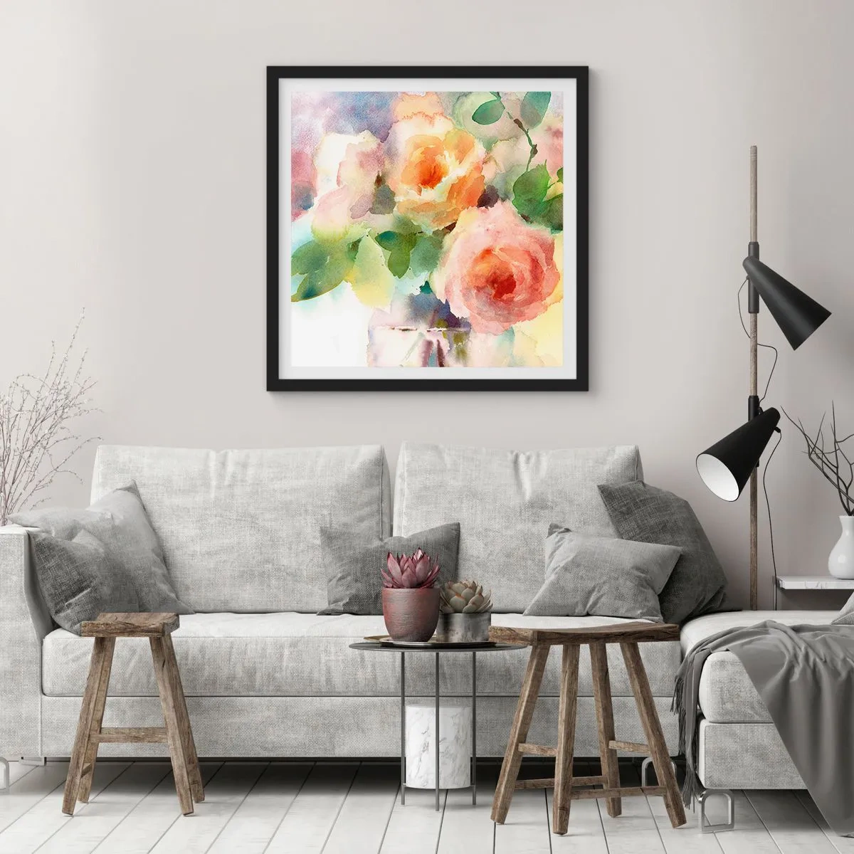 Plakat i sort ramme - Delikat som akvarelfarve - 50x50 cm