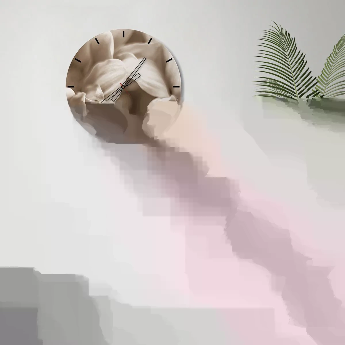 Vægur, Uret - Nærbillede af cremefarvede sepia blomsterblade - 30x30cm - Blid som et smil - Moderne vægdekoration til stue, køkken og soveværelse ARTTOR