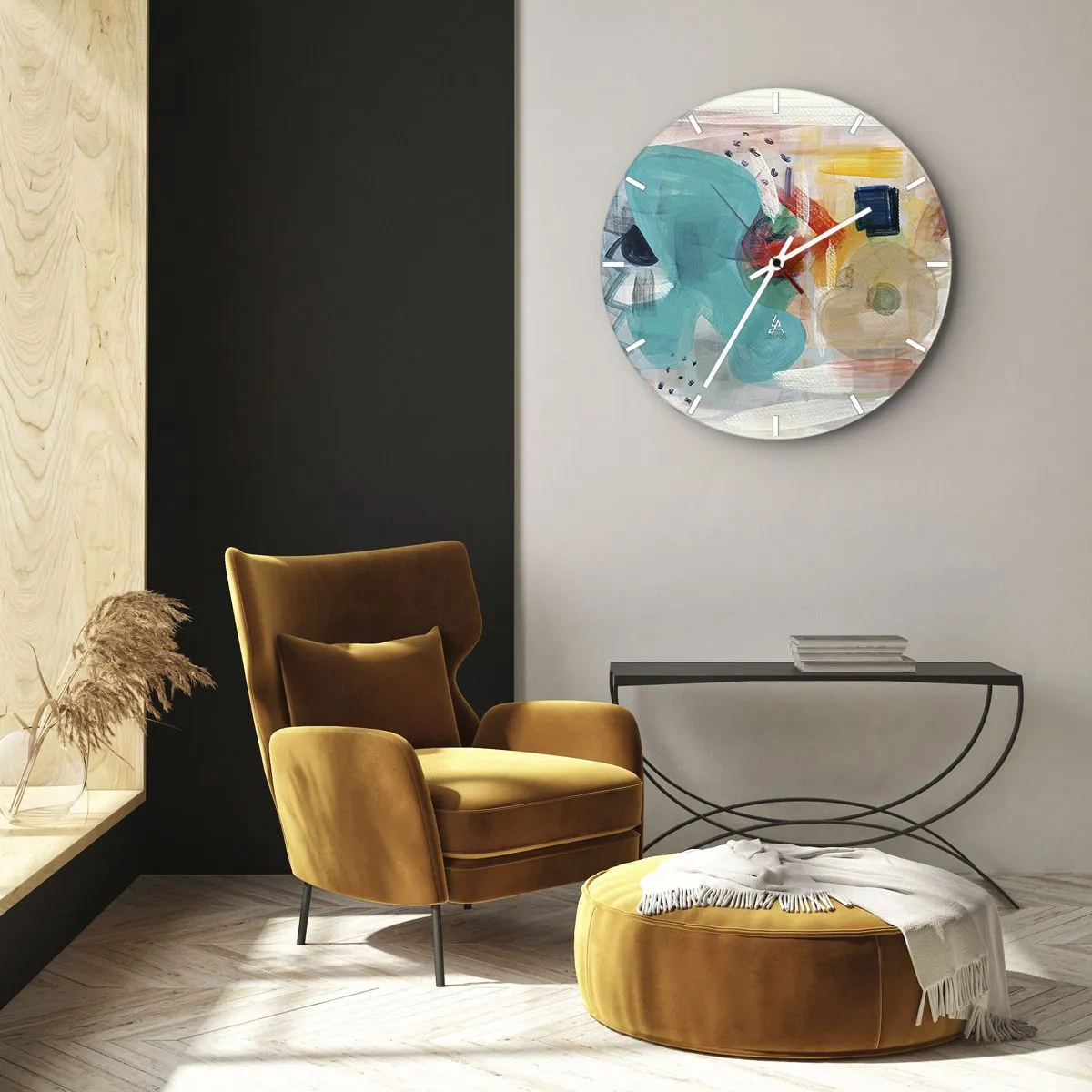 Vægur, Uret - Abstrakte farvepletter i nuancer af turkis, rød og gul - 30x30cm - Et farverigt spil - Moderne vægdekoration til stue, køkken og soveværelse ARTTOR
