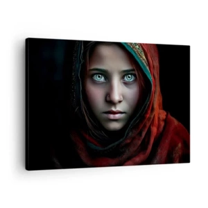 Lærredstryk - Billede på lærred - Portræt af en kvinde med et intenst blik i varme farver - 70x50cm - Østens prinsesse - Moderne vægdekoration til stue og soveværelse ARTTOR