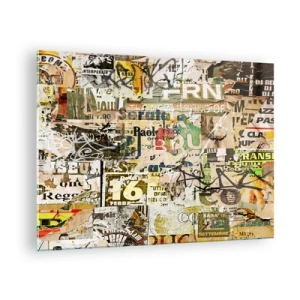 Billede på glas - En kunstnerisk komposition af plakater, inskriptioner og graffiti - 70x50cm - Åh, det er ved at ske... - Moderne vægdekoration til stue og soveværelse ARTTOR