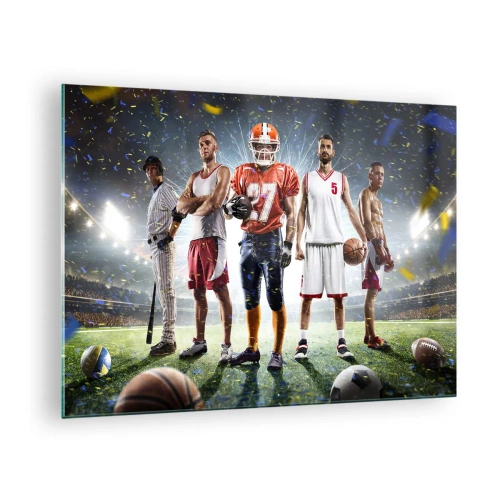 Billede på glas - Atleter fra forskellige discipliner i rampelyset på stadionet - 70x50cm - Gladiatorer på spillepladsen - Moderne vægdekoration til stue og soveværelse ARTTOR