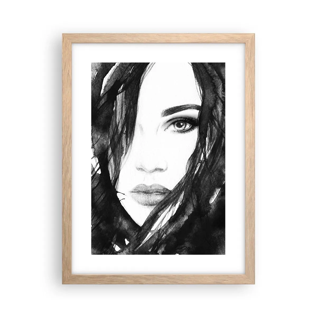 Plakat i ramme af lyst egetræ - Portræt af en dame i sort og hvidt - 30x40 cm