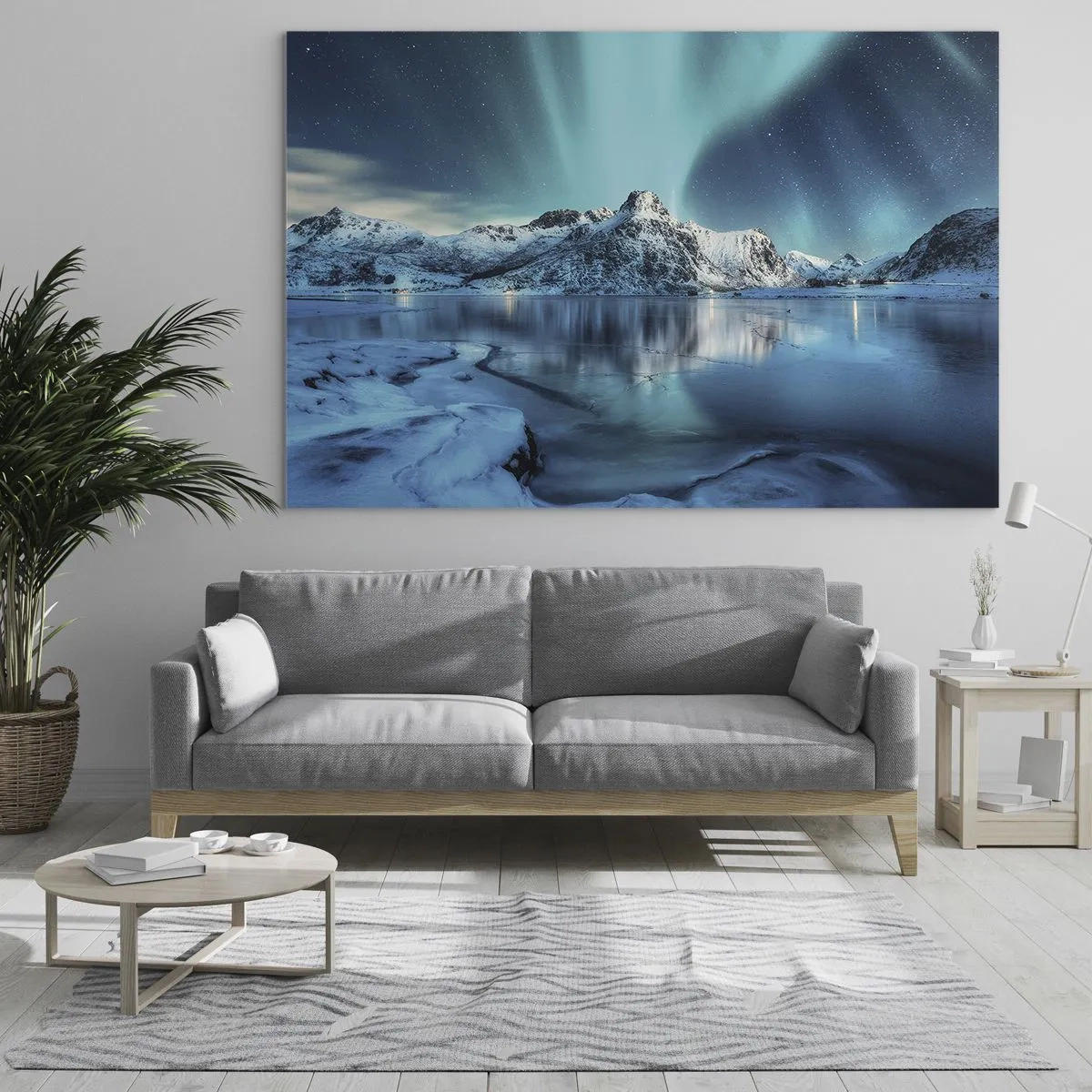 Billede på glas - Aurora Borealis over de snedækkede bjerge - 70x50cm - Nat med lys - Moderne vægdekoration til stue og soveværelse ARTTOR