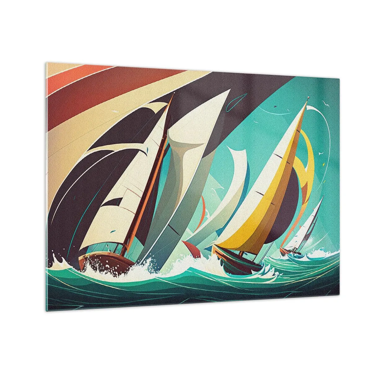 Billede på glas - Retro-stil illustration af sejlbåde i et stormfuldt hav - 70x50cm - Tæt på og personligt med elementerne - Moderne vægdekoration til stue og soveværelse ARTTOR