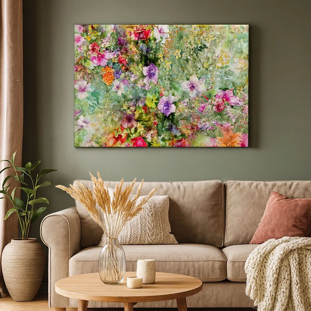 Lærredstryk - Billede på lærred - Et farverigt blomsterarrangement på en grøn baggrund - 70x50cm - Ind i blomsterne ved fortabelse - Moderne vægdekoration til stue og soveværelse ARTTOR
