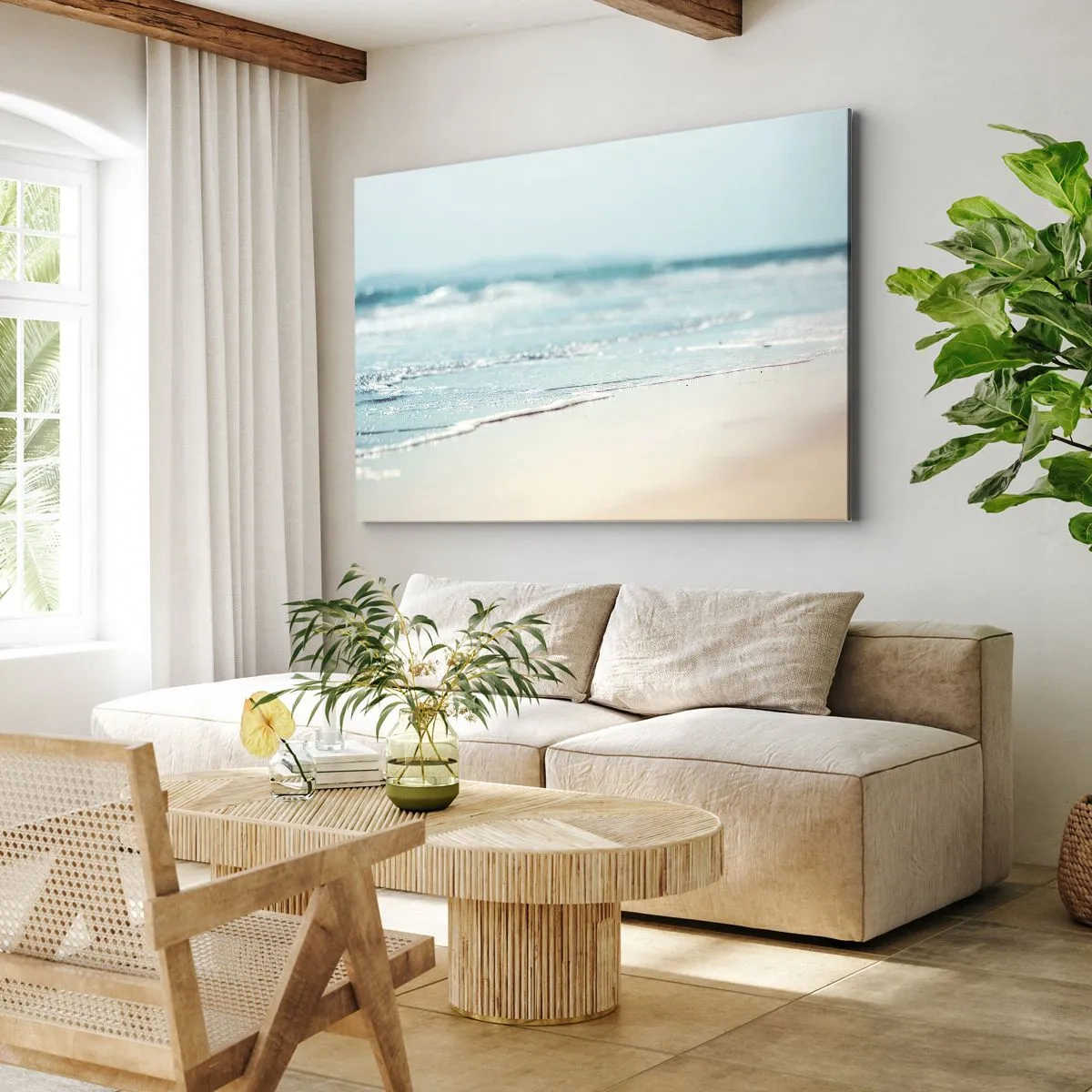 Lærredstryk - Billede på lærred - Blide havbølger på en sandstrand - 70x50cm - Varme og støj - Moderne vægdekoration til stue og soveværelse ARTTOR