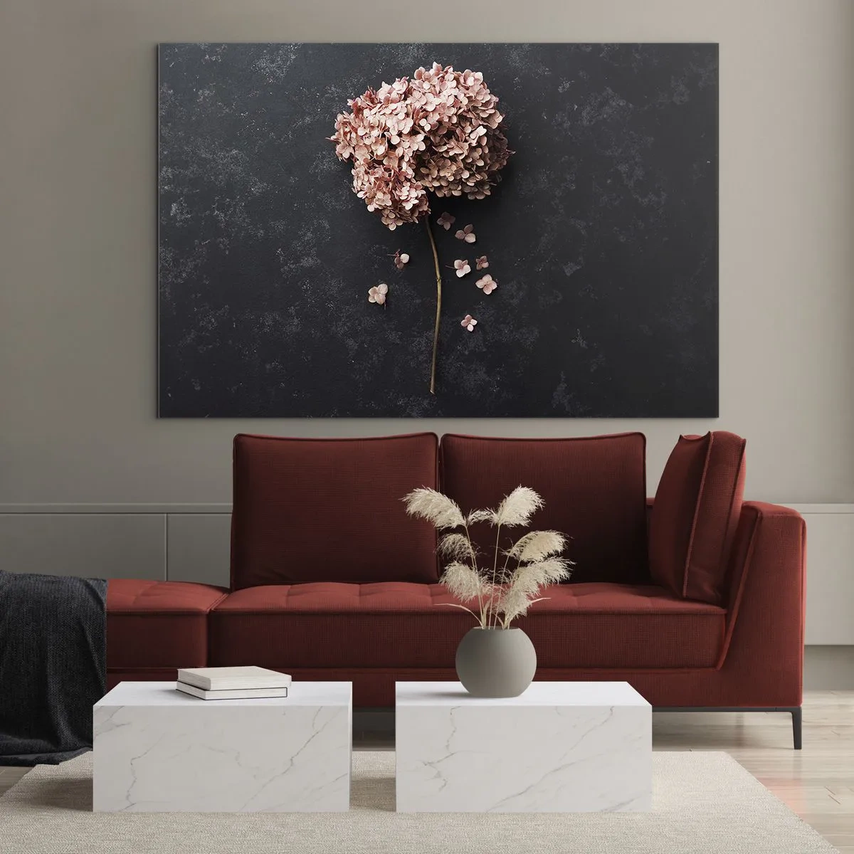 Billede på glas - Tør hortensia med spredte kronblade på en mørk baggrund - 70x50cm - Et virkelig romantisk tegn - Moderne vægdekoration til stue og soveværelse ARTTOR
