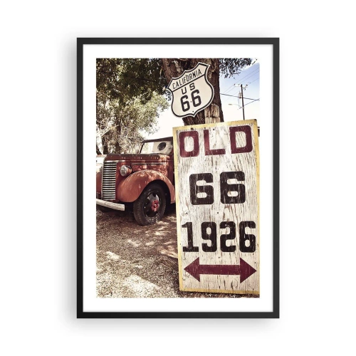 Plakat i sort ramme - Oldtimer ved Route 66-skiltet - 50x70cm - En legende om det amerikanske landskab - Moderne vægdekoration til stue og soveværelse ARTTOR