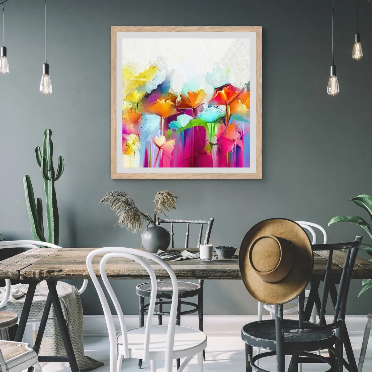 Plakat i ramme af lyst egetræ - Regnbuen i blomstring - 40x40 cm