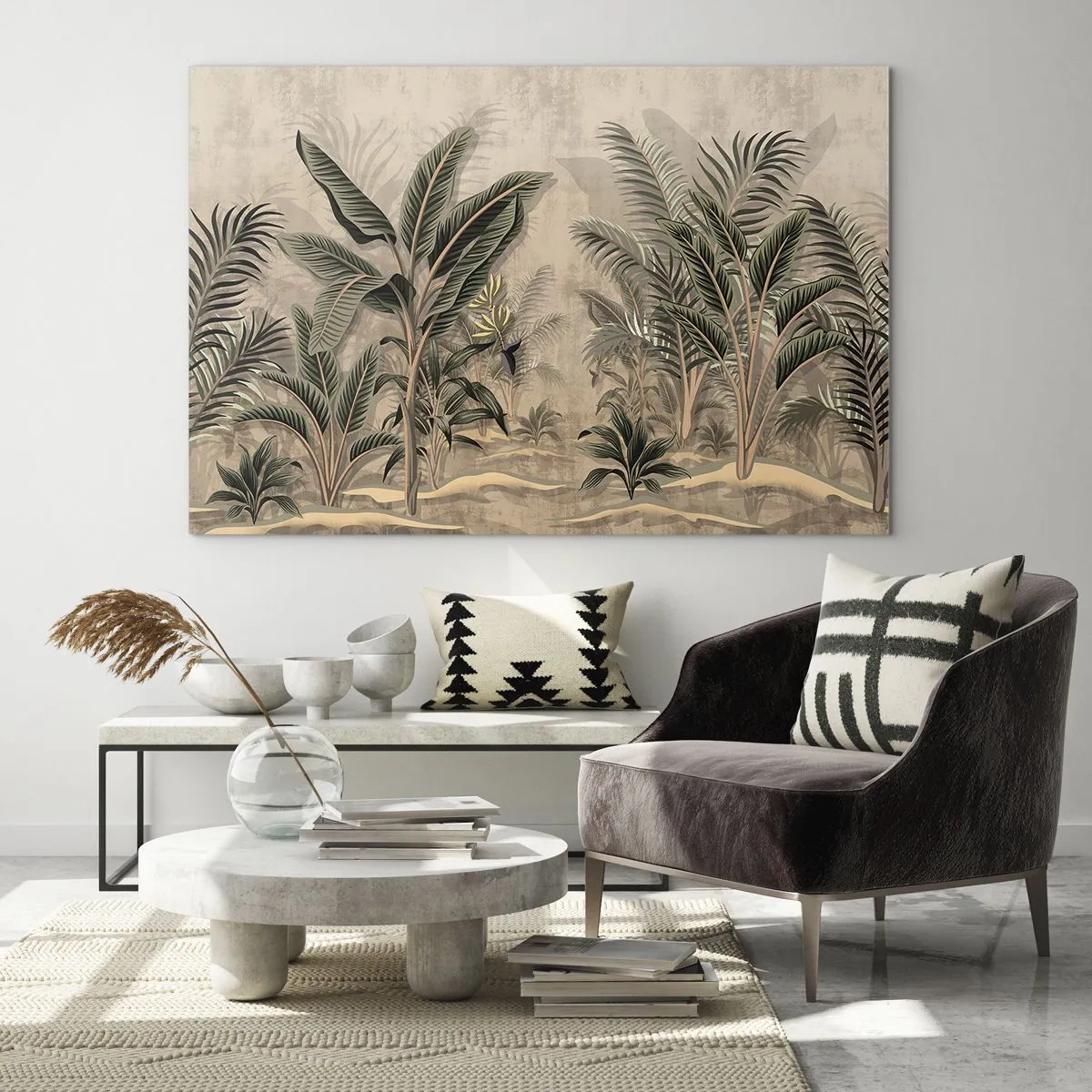 Billede på glas - Tropiske planter på en beige baggrund i kolonistil - 70x50cm - Gravering i kolonistil - Moderne vægdekoration til stue og soveværelse ARTTOR