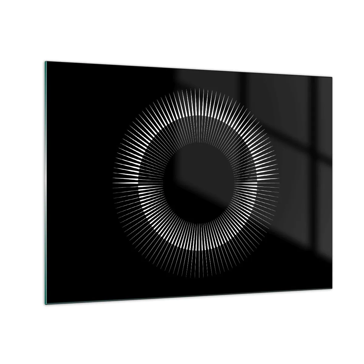 Billede på glas - Hvide stråler danner en cirkel på en sort baggrund - 70x50cm - Sort sol - Moderne vægdekoration til stue og soveværelse ARTTOR