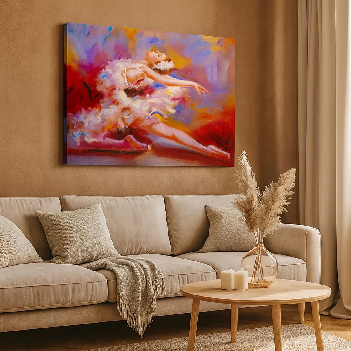 Lærredstryk - Billede på lærred - En ballerina i en dynamisk positur blandt pastelfarver. - 70x50cm - Svanens ynde - Moderne vægdekoration til stue og soveværelse ARTTOR