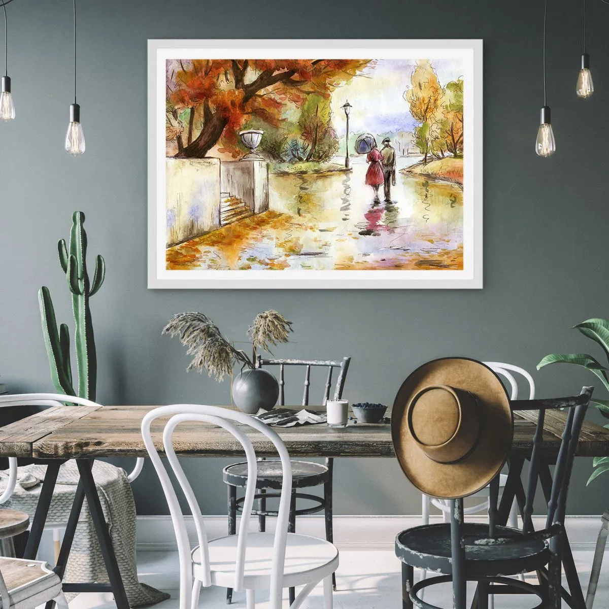 Plakat i hvid ramme - Romantisk efterår i parken - 50x40 cm