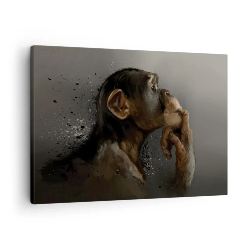 Lærredstryk - Billede på lærred - Portræt af en abe i en reflekterende positur mod en grå baggrund - 70x50cm - Helt sikkert en tænker - Moderne vægdekoration til stue og soveværelse ARTTOR