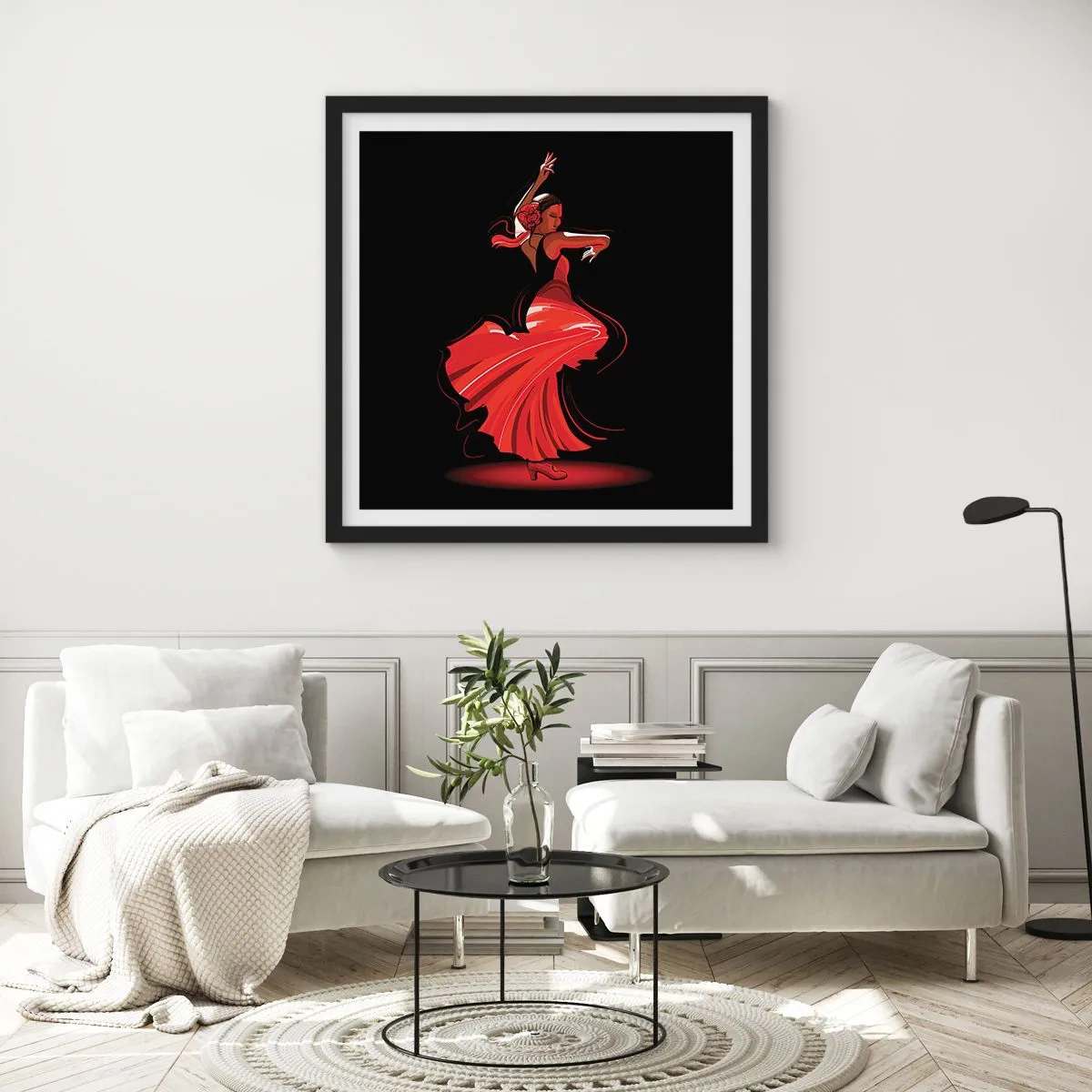 Plakat i sort ramme - Flamencoens brændende ånd - 50x50 cm