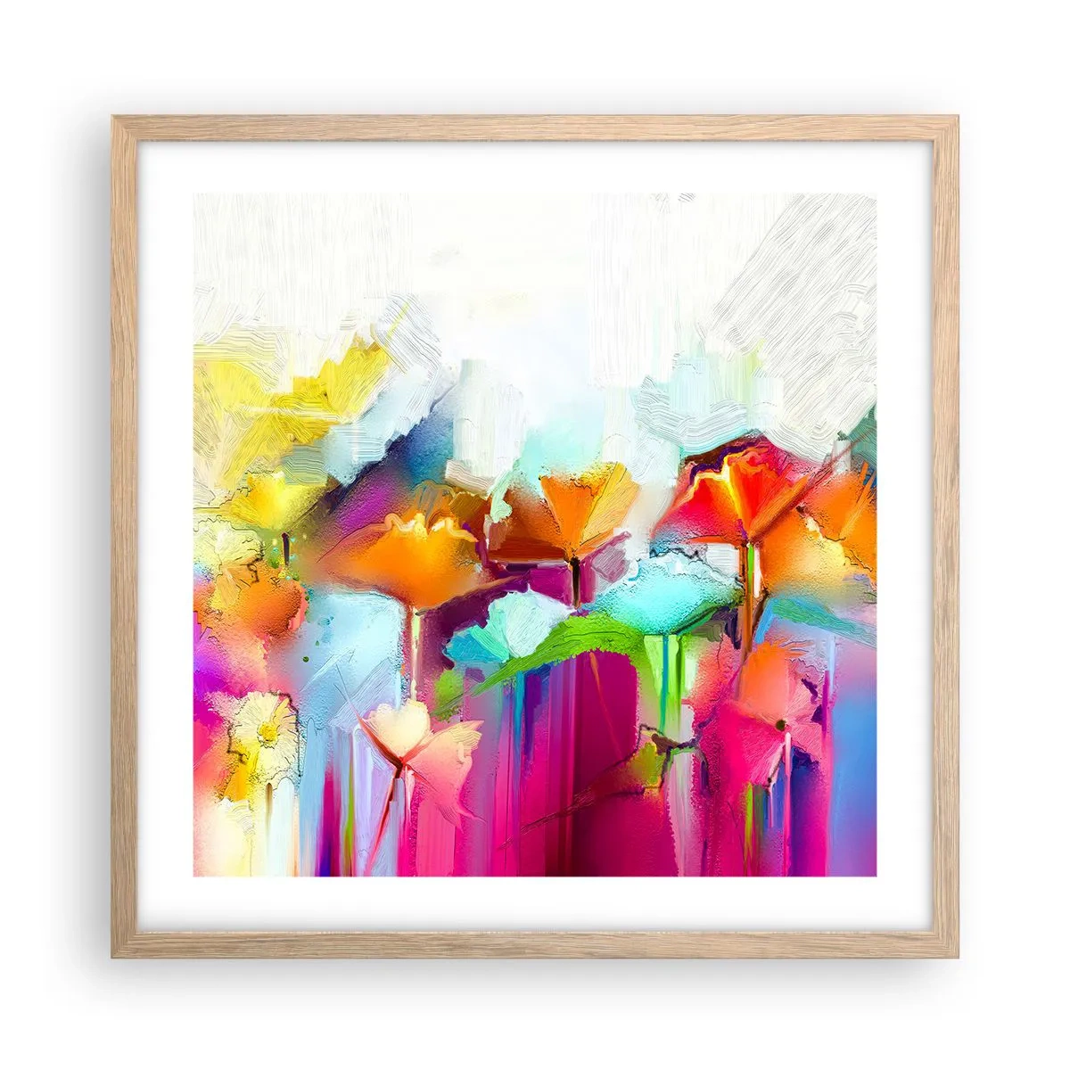 Plakat i ramme af lyst egetræ - Regnbuen i blomstring - 50x50 cm
