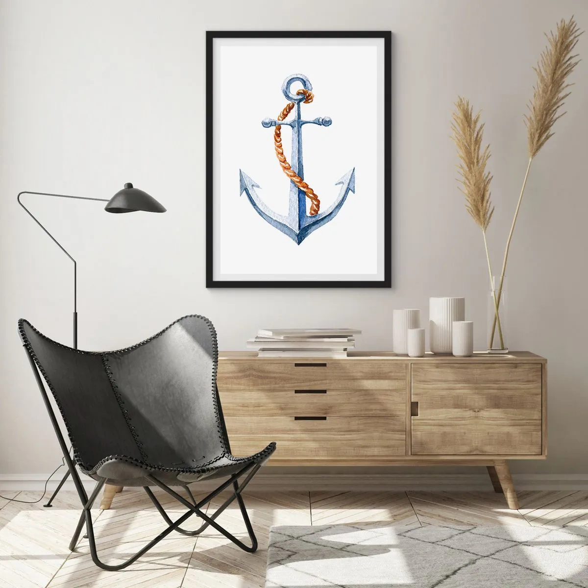 Plakat i sort ramme - Anker med reb i akvarelstil - 50x70cm - Ahoj eventyr! - Moderne vægdekoration til stue og soveværelse ARTTOR