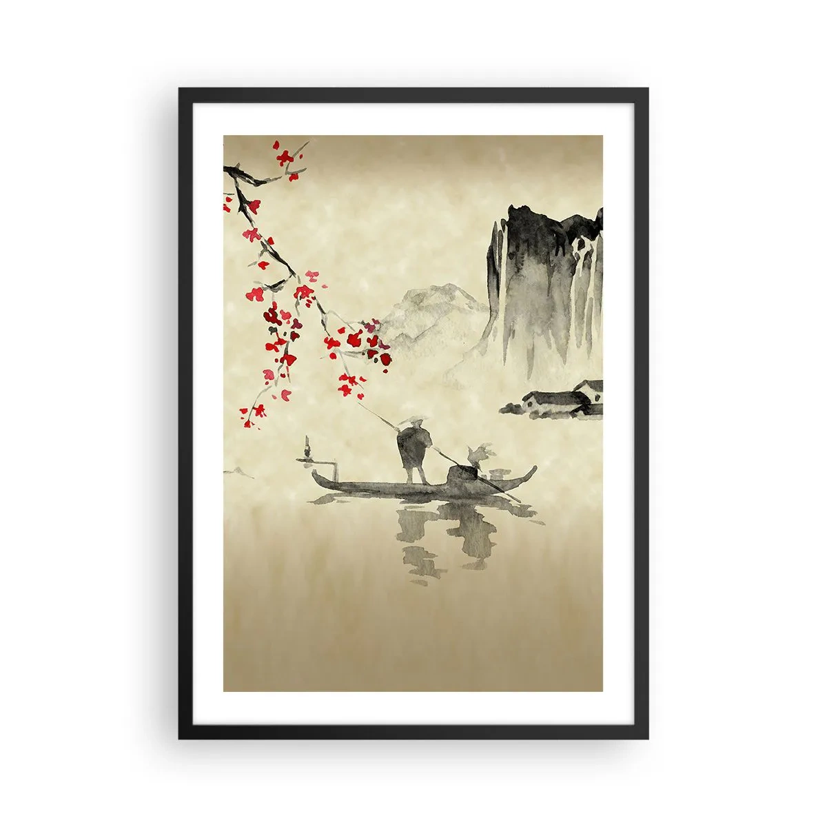 Plakat i sort ramme - Orientalsk scene med fiskere på en båd - 50x70cm - I kirsebærblomsternes land - Moderne vægdekoration til stue og soveværelse ARTTOR