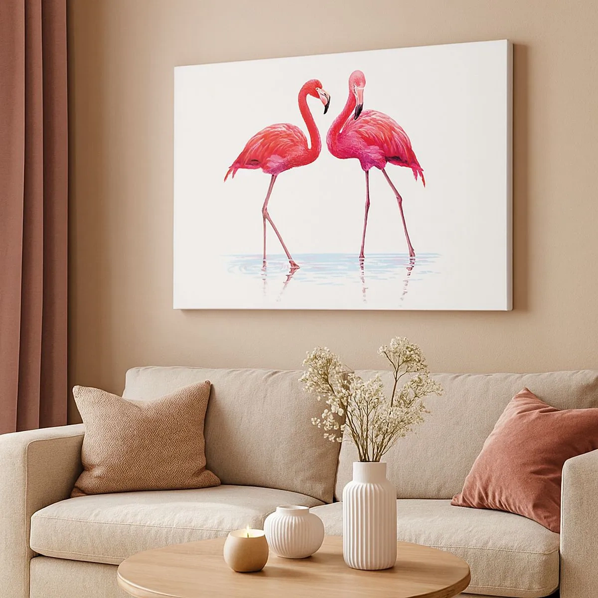 Lærredstryk - Billede på lærred - Et par flamingoer i vandet mod en lys baggrund - 70x50cm - Lyserødt randez-vous - Moderne vægdekoration til stue og soveværelse ARTTOR