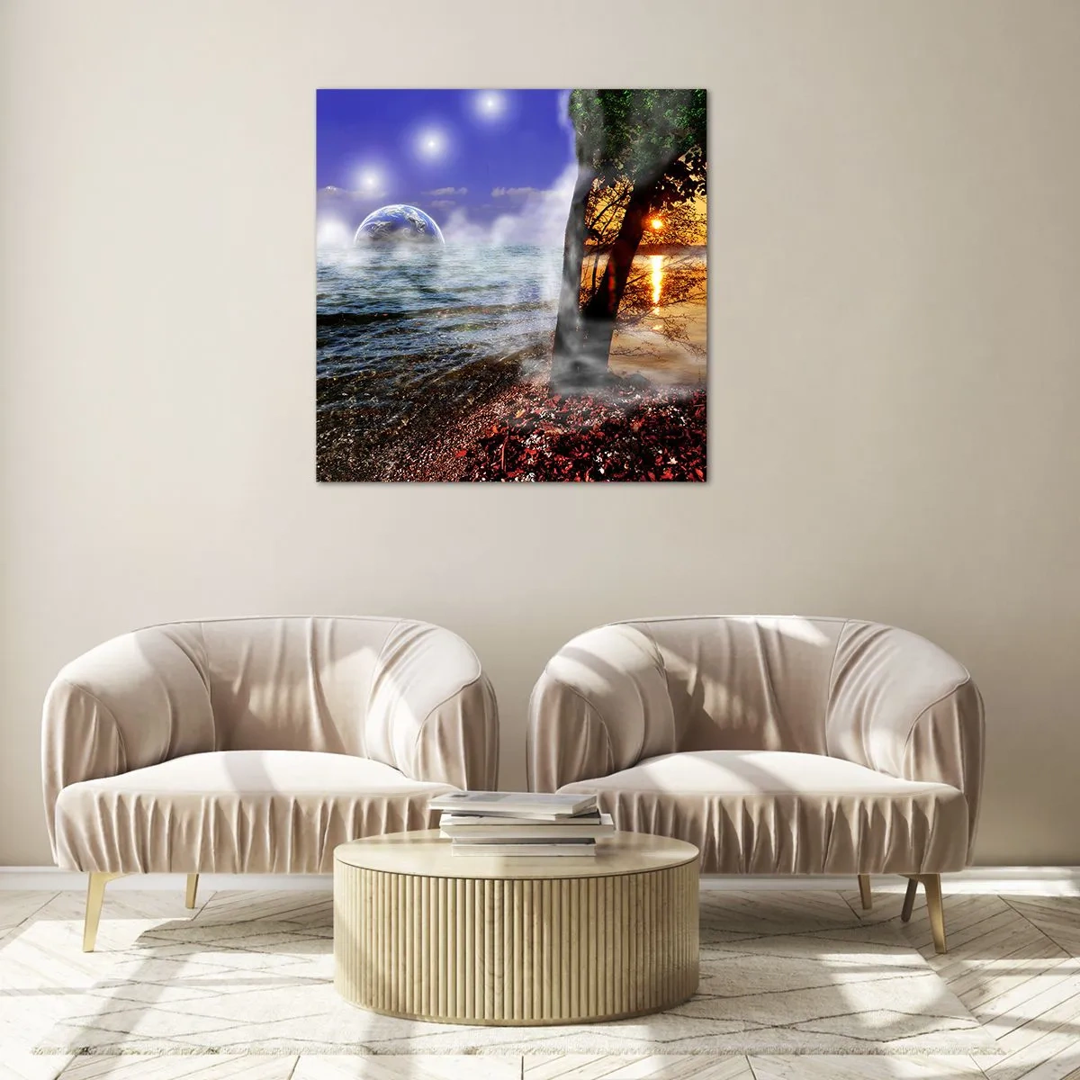 Billede på glas - Surrealistisk landskab - naturens enhed - 50x50 cm