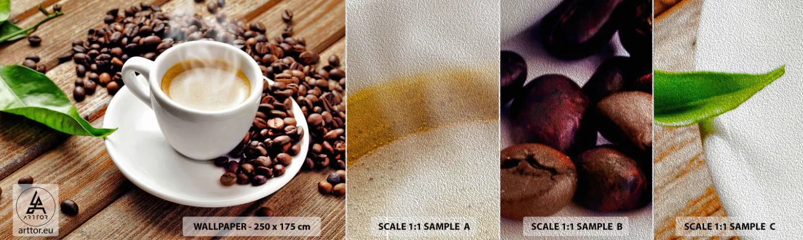 Prøve Fototapet Premium Sand - Kaffe på bænken - Gastronomi, Kaffe, Kop - 100x30 cm