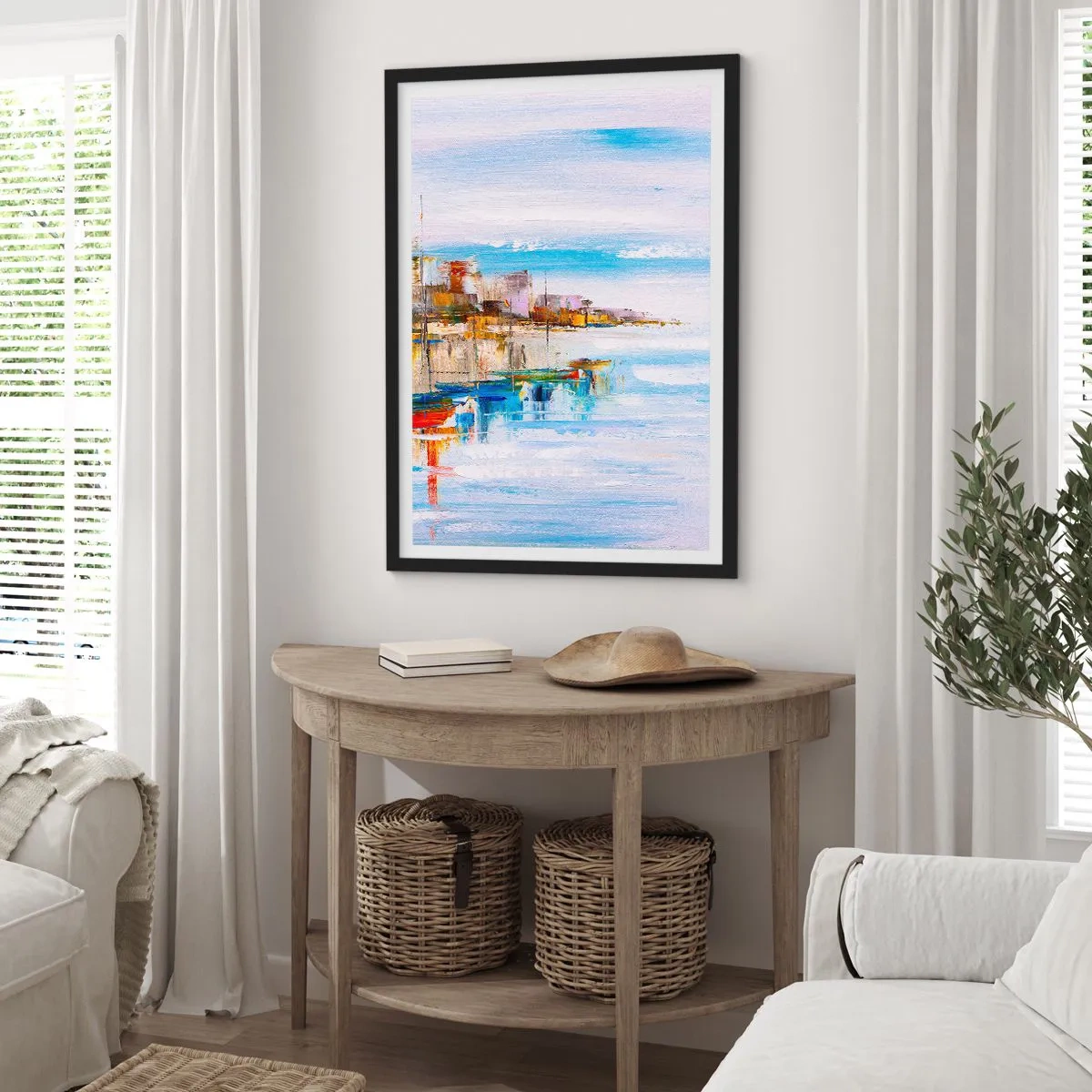 Plakat i sort ramme - Det farverige landskab i kystbyen - 50x70cm - Flerfarvet urban havn - Moderne vægdekoration til stue og soveværelse ARTTOR