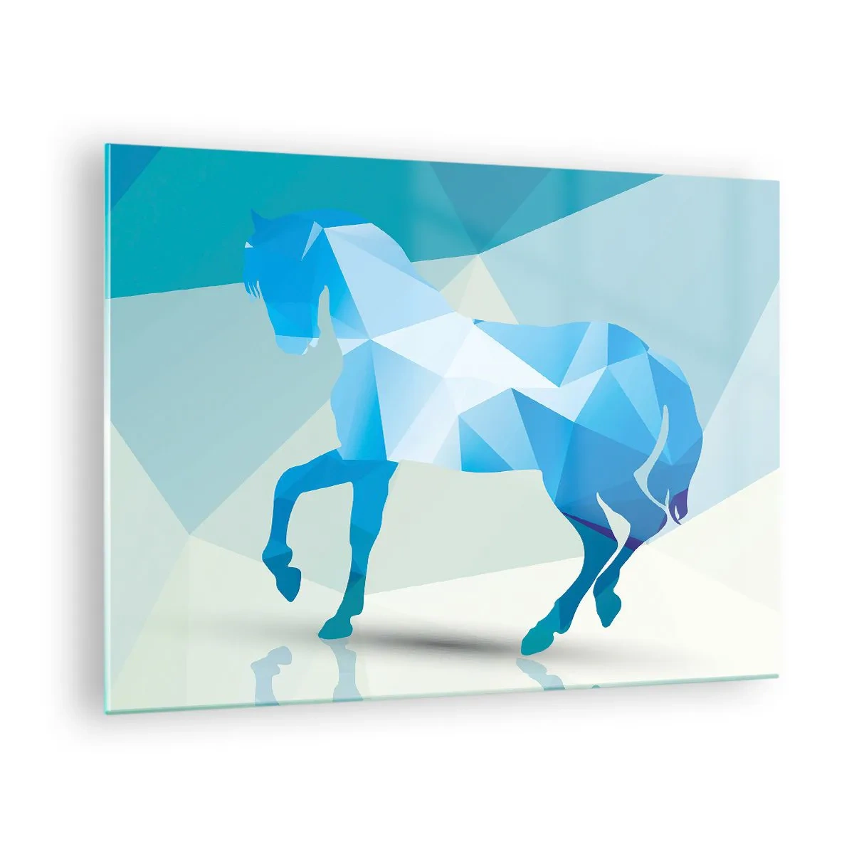 Billede på glas - Geometrisk hest i nuancer af blå og hvid - 70x50cm - Geometrisk hest i turkis - Moderne vægdekoration til stue og soveværelse ARTTOR