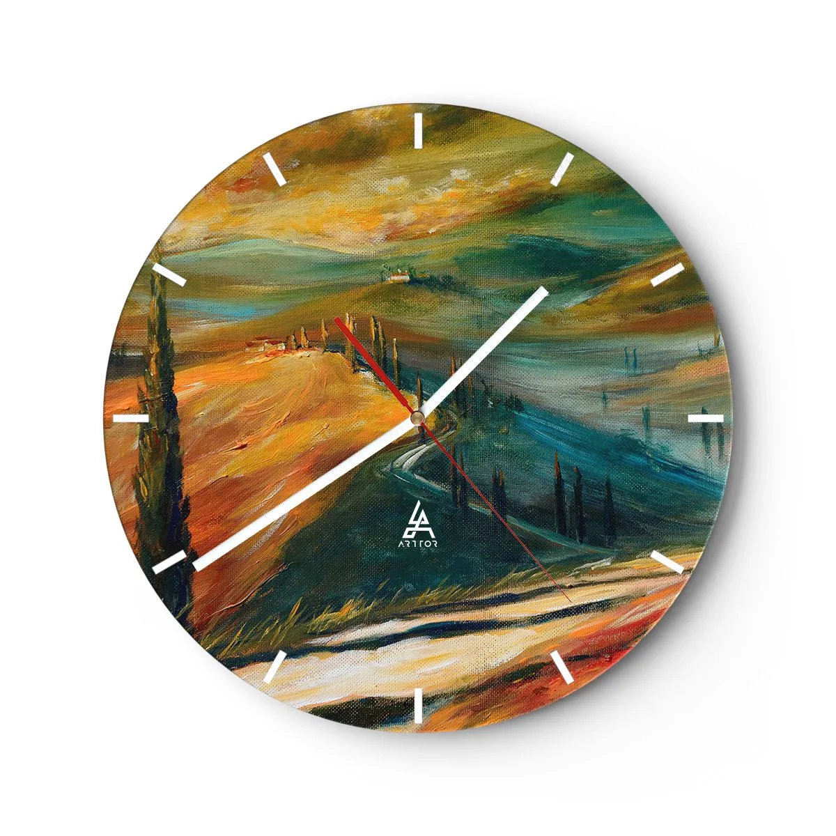 Vægur, Uret - Et malerisk landskab af bakker og træer i toscanske farver - 30x30cm - Toscansk landskab - Moderne vægdekoration til stue, køkken og soveværelse ARTTOR