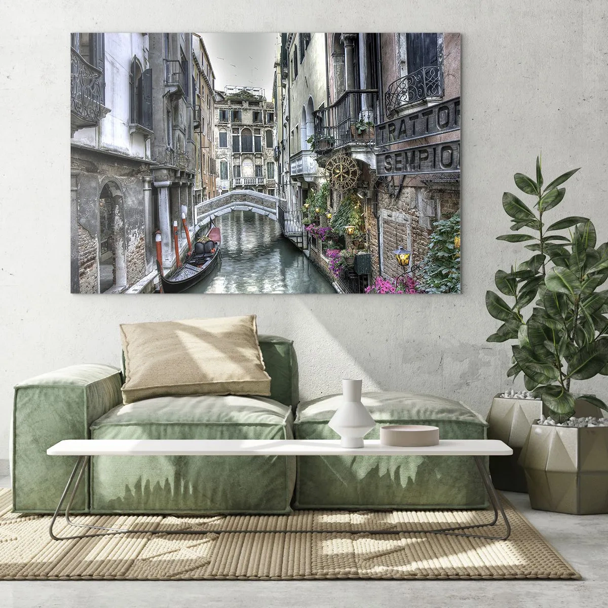 Billede på glas - Romantisk udsigt over en venetiansk kanal med en gondol - 70x50cm - I århundreder i tavs drømmeri - Moderne vægdekoration til stue og soveværelse ARTTOR